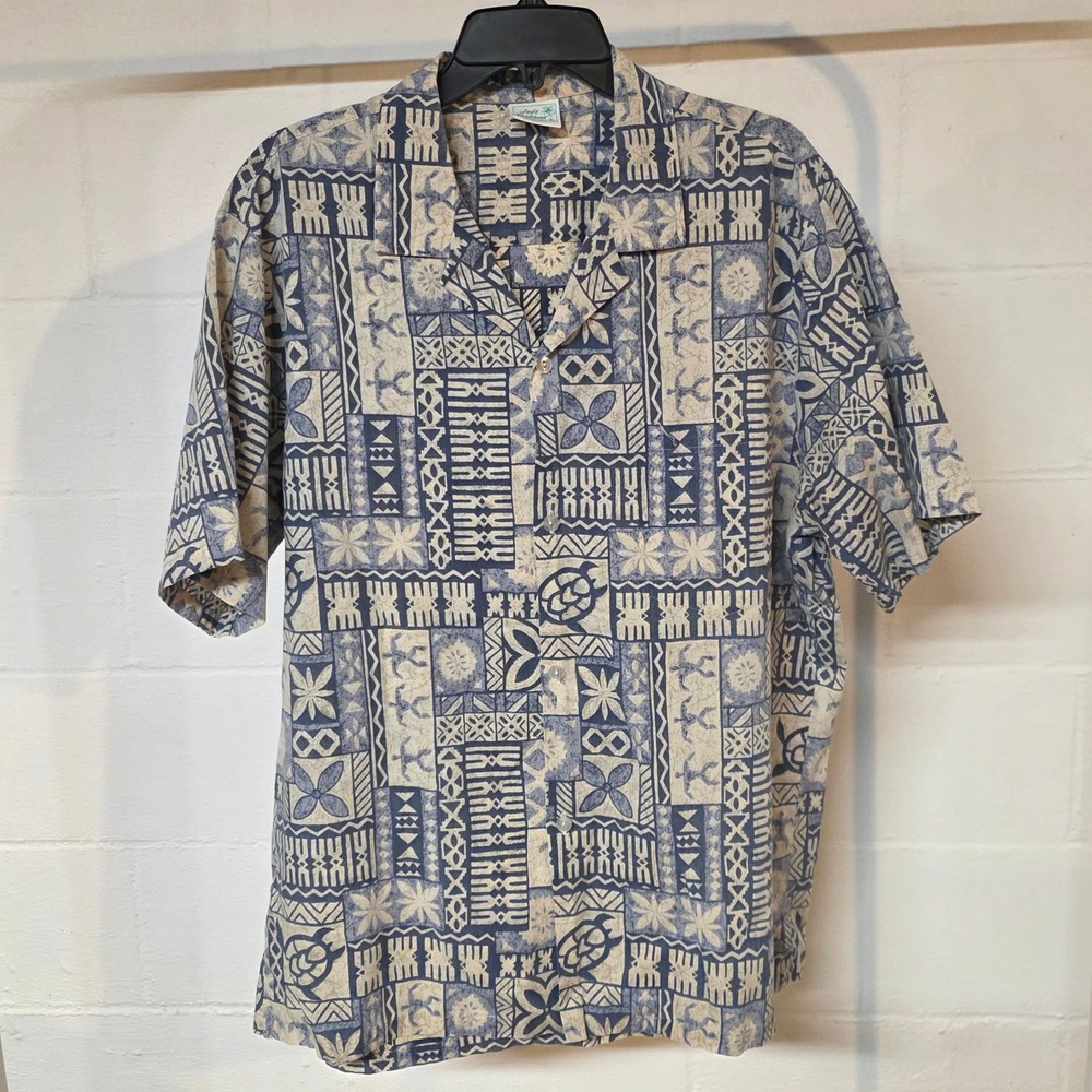 Jade Fashions Mens XL Blue Tribal Batik Hawaiian Shirt Sea Turtle Made in Hawaii